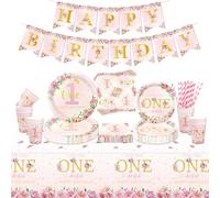 Floral 1st Birthday Party Decorations, Include Happy Birthday Banner, Paper Plates, Cups, Napkins, Little Miss Onederful Tablecloth for Girls First Birthday Party Decor Supplies, Serve 20 Guests