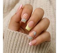 Floral 3D Daisy Press On Nails Square Short Smooth - Soft Pastel Pink Yellow Transparent Acrylic Gel Fake Nails for Women with Glue Tabs, Elegant False Kit for Daily Wear and Dating