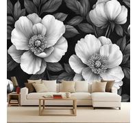 Floral 3D Wall Murals, Hand-Painted Black and White Peony Flower Photo Wallpaper, Non-Woven Premium Art Print Fleece Wall Mural Decoration Poster Picture Design Modern 300X210cm