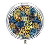 Floral Abstract Seamless Pattern with Yellow Blue Orange Brown Flowers Iron Pill Box Case Organizer with Internal Separate Plastic Dividers, Travel Small Medicine Bag Holder Carrier Round Container