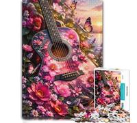 Floral Acoustic Guitar Sunset Wooden Jigsaw Puzzle for Adults | Jigsaw Puzzle - border-first or section-first building options alone or together.