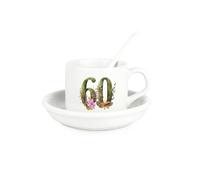 Floral Age 60 Cup & Saucer Set with Spoon - 60th Birthday Milestone Gifts for Her - Ceramic White Mug Coffee/Tea Hot Drinks Present