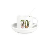 Floral Age 70 Cup & Saucer Set with Spoon - 70th Birthday Milestone Gifts for Her - Ceramic White Mug Coffee/Tea Hot Drinks Present