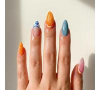 Floral Almond Artificial Nail Tips Set with Citrus & Swirl Designs - Medium Length Glossy Reusable Press on Nails for Women in Vibrant Blue Orange Pink and White Patterns, Easy Application & Manicure