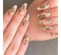 Floral Almond Short Square Press On Nails with Daisy Leaf Designs - Reusable Natural Nude Fake Stick On False Tips Handmade Flower Strips Petite Cute Summer Nail Wraps Semi UV Light No Needed Clip