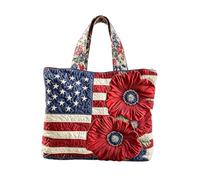Floral American Flag Quilted Tote Bag Canvas Patchwork Handbag 250 Anniversary Hobo Clutch Purses for 4th of July Travel Work Daily Use (Red Flower) (44)