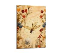 Floral And Dragonfly Canvas Wall Art, Medieval Natural Style Poster, Insect Aesthetic Painting, Suitable for Living Room And Bedroom Wall Decoration. 12x18inch(30x45cm)
