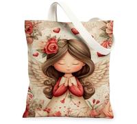 Floral Angel Canvas Tote Bags, Vintage Heart Pattern Reusable Grocery Bags, Spring Romantic Chic Lightweight Washable Shoul, Peach, 13x15 Inch