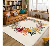 Floral Area Rug, Autumn Rustic Wreath Leaves Fall Orange Non-Slip Aesthetic Rectangle Home Floor Carpet Rugs for Living Room Bedroom Classroom Apartment Decor 5' X 7'
