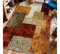Floral Area Rug, Autumn Traditional Leaf Geometric Fall Red Non-Slip Backing Home Floor Rectangle Print Carpet Rugs for Living Room Bedroom College Dorm Kitchen Decor 4' X 6'