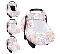 Floral Baby Car Seat Cover for Girl,Infant Carseat Canopy Sun Cover, Baby Carrier Cover with Zipped Peep Windows, Pink Floral
