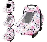 Floral Baby Carseat Cover Girls Infant Stretchy Car Seat Covers Canopy for Newborn with 2 Layers Windows of Breathable Mesh/Fabric,Lightweight Polyester/Minky Dot Backing, Snug Fit Most Baby Car Seat
