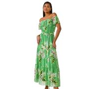 Roman Floral Tiered Bardot Belted Dress for Women UK - Ladies Spring Everyday Summer Holiday Maxi Length Comfy Short Sleeve Soft Fit & Flare Frock Vacation Gowns - Green - Size 12