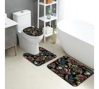 Floral Bathroom Mat Sets 3 Piece, Botanical Snail and Mushroom Pattern Absorbent Non Slip Toilet Rugs U Shaped Washable, Autumn Leaf Quick Dry Memory Foam Bathroom Rug Set