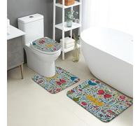 Floral Bathroom Mat Sets 3 Piece, Colorful Flower Garden Absorbent Non Slip Toilet Rugs U Shaped Washable, Spring Decorative Quick Dry Flannel Bathroom Rug Set