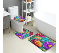 Floral Bathroom Mat Sets 3 Piece, Colorful Flower Pattern Absorbent Non Slip Toilet Rugs U Shaped Washable, Spring Quick Dry Flannel Bathroom Rug Set