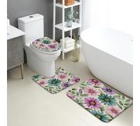 Floral Bathroom Mat Sets 3 Piece, Colorful Flower Plants Absorbent Non Slip Toilet Rugs U Shaped Washable, Spring Quick Dry Flannel Bathroom Rug Set