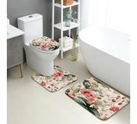 Floral Bathroom Mat Sets 3 Piece, Elegant Peach Flower Absorbent Non Slip Toilet Rugs U Shaped Washable, Spring Blossom Quick Dry Flannel Bathroom Rug Set