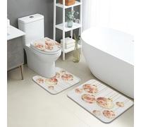 Floral Bathroom Mat Sets 3 Piece, Elegant Peach Rose Gold Stripes Absorbent Non Slip Toilet Rugs U Shaped Washable, Spring Decor Quick Dry Flannel Bathroom Rug Set