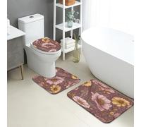 Floral Bathroom Mat Sets 3 Piece, Elegant Peach Yellow Flower Absorbent Non Slip Toilet Rugs U Shaped Washable, Spring Quick Dry Flannel Bathroom Rug Set