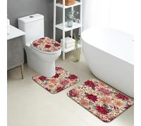 Floral Bathroom Mat Sets 3 Piece, Elegant Red Peach Flowers Absorbent Non Slip Toilet Rugs U Shaped Washable, Autumn Quick Dry Flannel Bathroom Rug Set