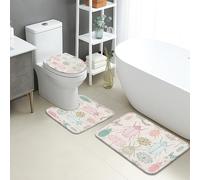 Floral Bathroom Mat Sets 3 Piece, Pastel Flower Plants Absorbent Non Slip Toilet Rugs U Shaped Washable, Spring Quick Dry Flannel Bathroom Rug Set