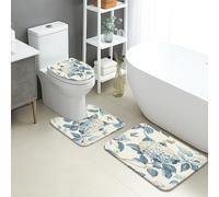Floral Bathroom Mat Sets 3 Piece, Vintage Blue Hydrangea Leaf Absorbent Non Slip Toilet Rugs U Shaped Washable, Spring Quick Dry Flannel Bathroom Rug Set