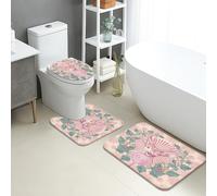 Floral Bathroom Mat Sets 3 Piece, Vintage Peach Deer Absorbent Non Slip Toilet Rugs U Shaped Washable, Spring Quick Dry Flannel Bathroom Rug Set