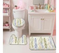 Floral Bathroom Rugs Sets 3 Piece, Botanical Modern Stripes Leaves Spring Green College Dorm Essentials Bathroom Carpet Set for Restroom Toilet Floor Decor