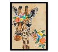 Floral Beads Cute Giraffe Headband Collage Framed Art Print Artery8 Beige A4