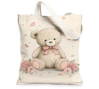 Floral Bear Canvas Tote Bags, Cute Teddy and Roses Pattern Reusable Grocery Bags, Spring Vintage Soft Washable Shoulder Str, Beige, 13x15 Inch
