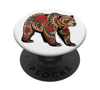 Floral Bear with Red Roses and Tribal Patterns PopSockets Adhesive PopGrip