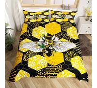 Floral Bee Duvet Cover Set Double Size, Golden Honeycomb Bedding Set 3pcs for Kids Boys Girls Bedroom Decor, Geometric Hexagon Print Comforter Cover White Flower Quilt Cover with 2 Pillowcases