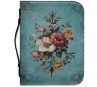 Floral Bible Cover, Zippered Vintage Floral Print PU Bible Case with Handle for Women and Girls, L