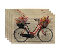 Floral Bike Placemats, Red Vintage Garden Table Mats for Spring Summer Dining, Non-Slip Washable Indoor Outdoor Decorative Placemat Set of 4