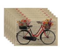 Floral Bike Placemats, Red Vintage Garden Table Mats for Spring Summer Dining, Non-Slip Washable Indoor Outdoor Decorative Placemat Set of 6