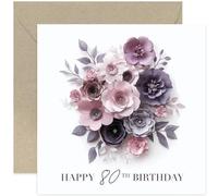 Floral Birthday Card for 80th Birthday - Special Eightieth Birthday Greeting Card - Paper Cut Flower Wreath Artwork - Purple and White Non 3D Artwork Female Birthday Card | Blank Inside
