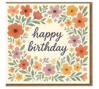 Floral Birthday Card - Hand-Illustrated Flowers with 'happy birthday' Script, Botanical Border, Elegant Pastel Design for Her, Him, Mum, Dad, Friend