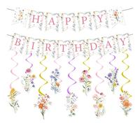 Floral Birthday Decorations Girls Supplies - 11 Pcs Pink Wildflower Happy Birthday Banner Garland Hanging Swirls For Women Baby Shower Wedding Spring Garden Tea Flower Bouquet Party Decor