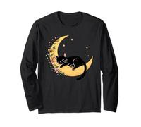Floral Black Cat Sleeping On Crescent Moon Long Sleeve T-Shirt
