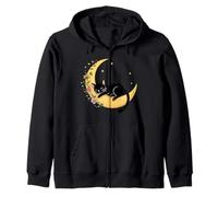Floral Black Cat Sleeping On Crescent Moon Zip Hoodie