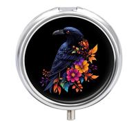 Floral Black Raven Crowes Pill Box 3 Compartment Small Portable Medicine Case Pill Organizer for Pocket Purse