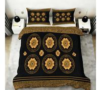 Floral Blossoms Duvet Cover King, Vintage Black Gold Greek Key Meander Bedding Bed Set, Luxury Quilt Covers 230X220cm Microfiber with Zipper, 2 Pillowcases
