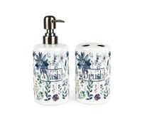Floral Blue Bathroom Accessories Set - Pastel Blue Flowers & Foliage Gifts Refillable Ceramic Soap Pump Bottle Dispenser & Toothbrush Holder - Washrooom Home Gift Set of 2