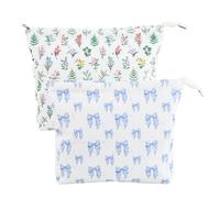 Floral Blue Bow Canvas Cosmetic Bags - Set of 2 Multifunctional Travel Makeup Pouches, Corduroy Toiletry Bag with Durable Metal Zipper for Women and Girls