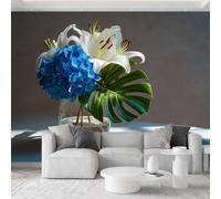 Floral Blue Hydrangeas Monstera Panoramic Wallpaper Mural 200 x 140 cm - Large Modern Minimalist Non-Woven Photo Wallpaper for Living Room Bedroom Dining Room Wall Mural Décor