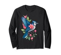 Floral Blue Jay Bird Songbird with Flowers Botanical Nature Long Sleeve T-Shirt