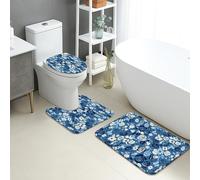 Floral Blue Quick Dry Bath Mat, Vintage Blue Roses and Flowers Absorbent Non Slip Shower Mat, Spring Decorative Washable Bath Rugs for Bathroom Toilet Restroom 3 Piece Sets