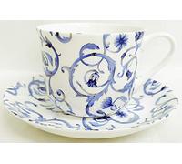 Floral Blue Scroll Breakfast Cup & Saucer Fine Bone China Large Damask & Mica Gold Set Hand Decorated UK