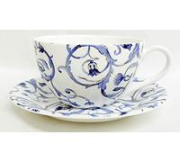 Floral Blue Scroll Large Cup & Saucer Fine Bone China Damask & Mica Gold Cappuccino Latte Tea Chocolate Set Hand Decorated in UK